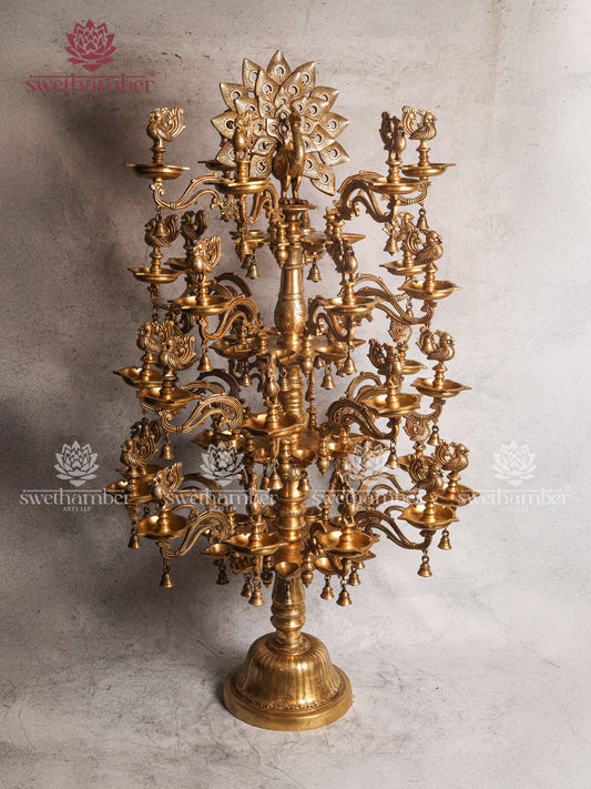 Brass Peacock Lamp with Multiple Diyas