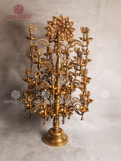 Brass Peacock Lamp with Multiple Diyas