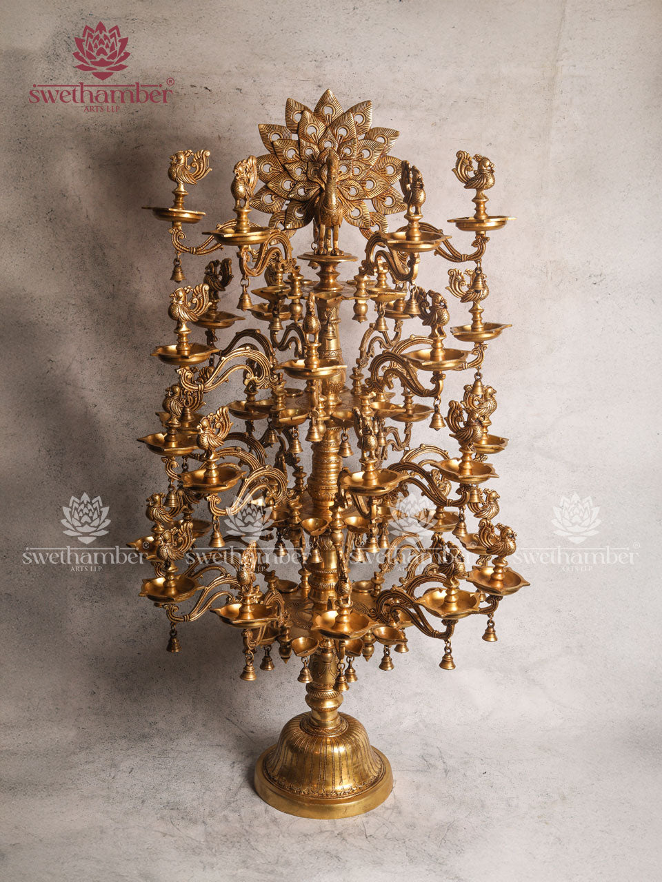 Brass Peacock Lamp with Multiple Diyas