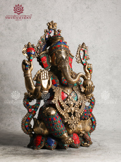 BRASS GANESHA STATUE ON LOTUS WITH COLOURFULL STONE WORK