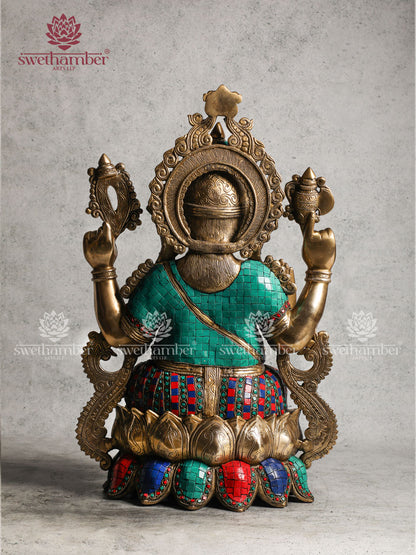 BRASS GANESHA STATUE ON LOTUS WITH COLOURFULL STONE WORK