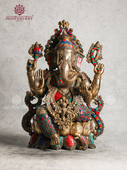 BRASS GANESHA STATUE ON LOTUS WITH COLOURFULL STONE WORK