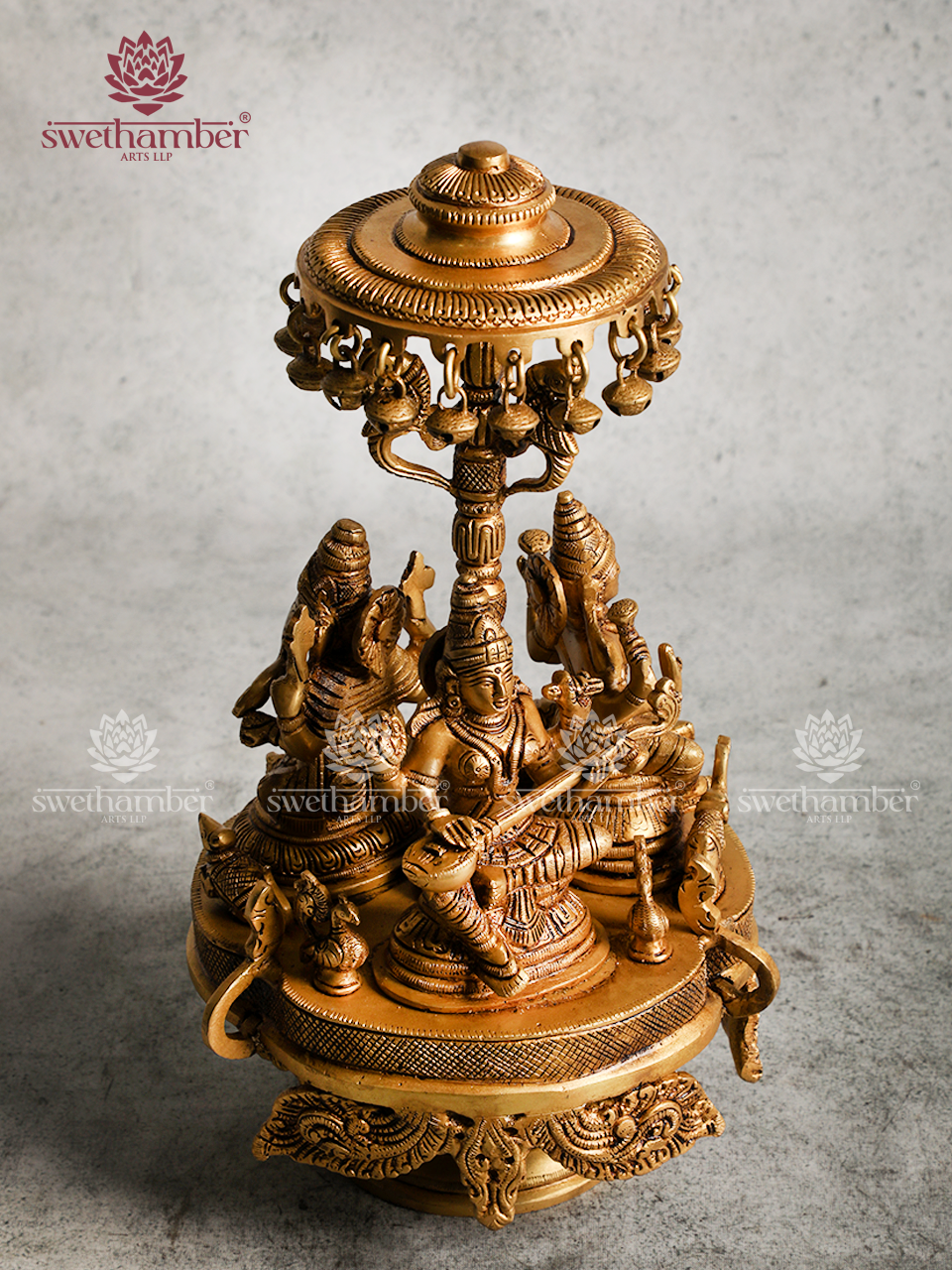 BRASS GANESHA LAXMI AND SARASWATI ON ROUND BASE