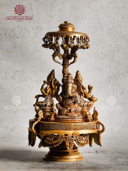 BRASS GANESHA LAXMI AND SARASWATI ON ROUND BASE