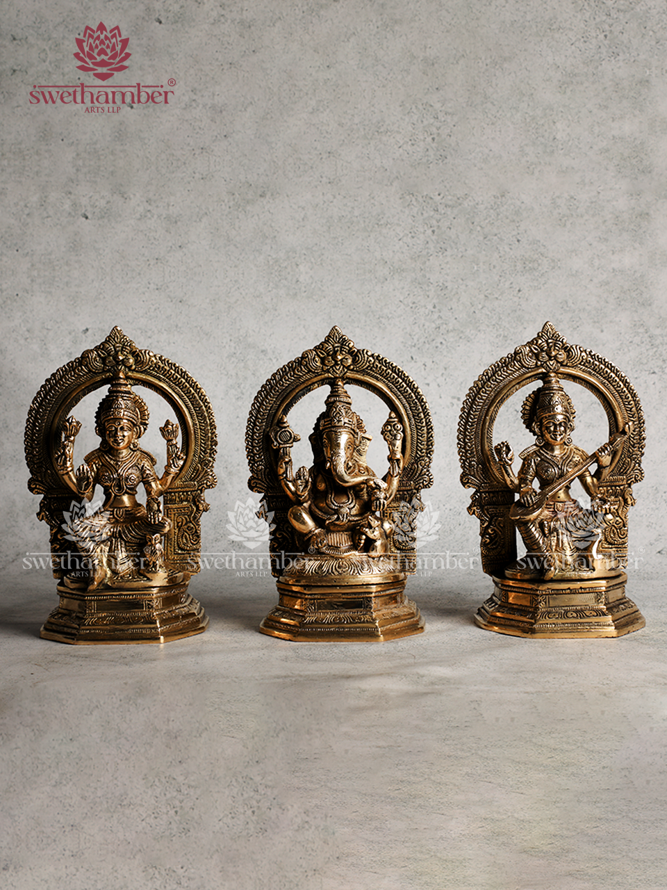 Brass Lord Ganesha Laxmi and Saraswati Statue