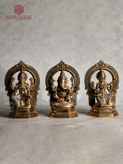 Brass Lord Ganesha Laxmi and Saraswati Statue