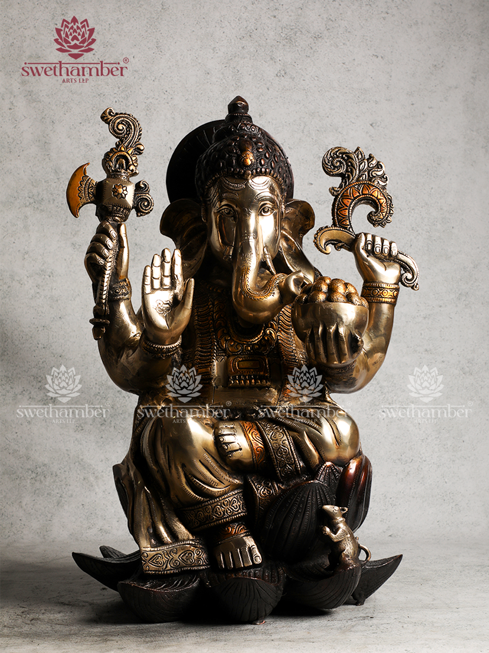 BRASS GANESHA SITTING ON LOTUS