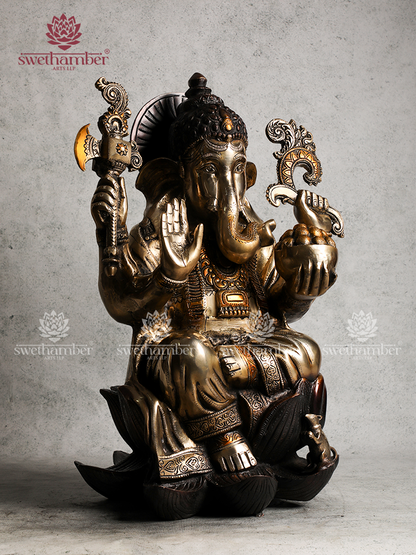 BRASS GANESHA SITTING ON LOTUS