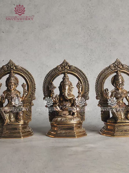 Brass Lord Ganesha Laxmi and Saraswati Statue