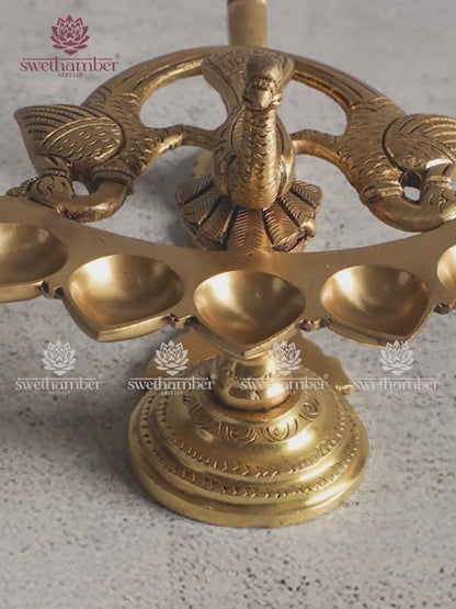Brass Pancharti with Peacock – 5 Wick Aarti Lamp