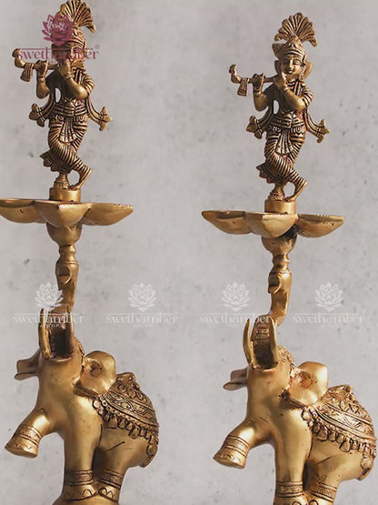 Krishna Brass Lamp Set with Elephant Design – Auspicious Puja Diya Set