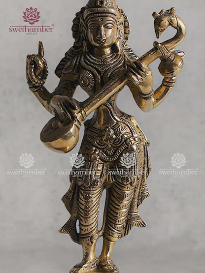 Standing Saraswati Idol | Brass Goddess Saraswati Statue with Veena for Home & Office Pooja