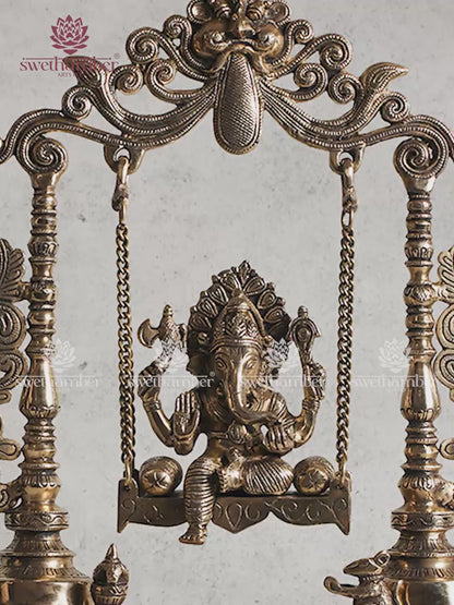 Brass Lord Ganesha on Jhula Swing Idol – Antique Finish Ganpati Statue for Home Decor & GiftingHome decor / Gifting
