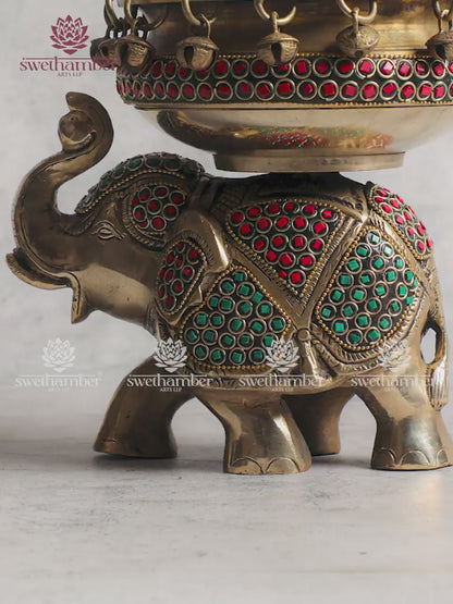 Handcrafted Brass Elephant with Urli for Home Décor