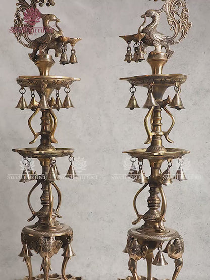 Large Brass Peacock Floor Lamp with Bells for Pooja & Entrance Décor