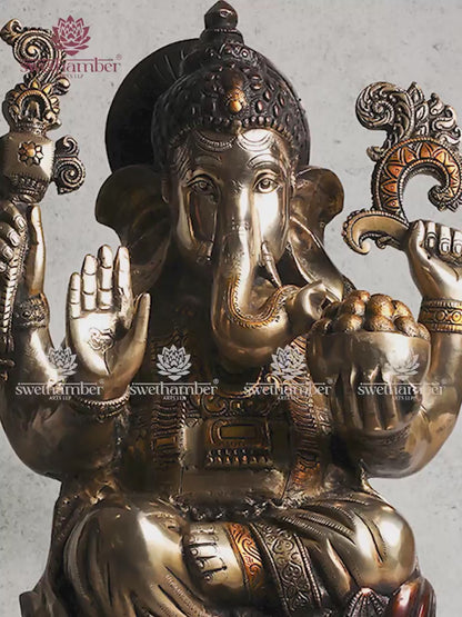 BRASS GANESHA SITTING ON LOTUS