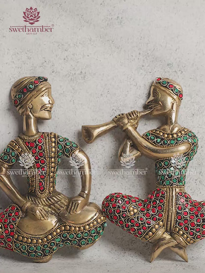 Brass Wall Hanging – 2 Musicians Playing Traditional Instruments