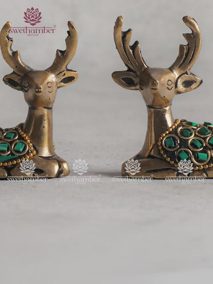 Handcrafted Brass Sitting Deer Statue Pair for Home Décor