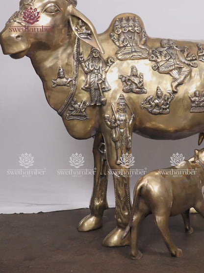 Large Cow and Calf Statue with Embossed Gods | Kamadhenu Brass Idol for Home & Temple