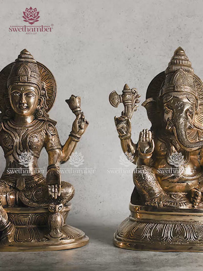 15"Brass Lakshmi Ganesha Idol Set – Wealth & Prosperity Murti for Home & Puja