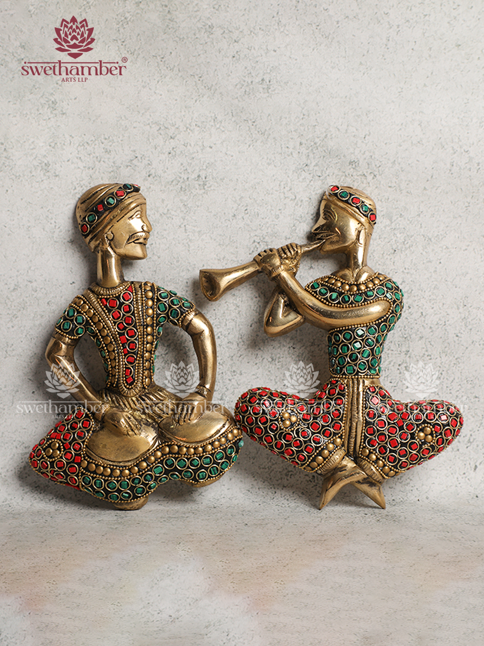 Brass Wall Hanging – 2 Musicians Playing Traditional Instruments