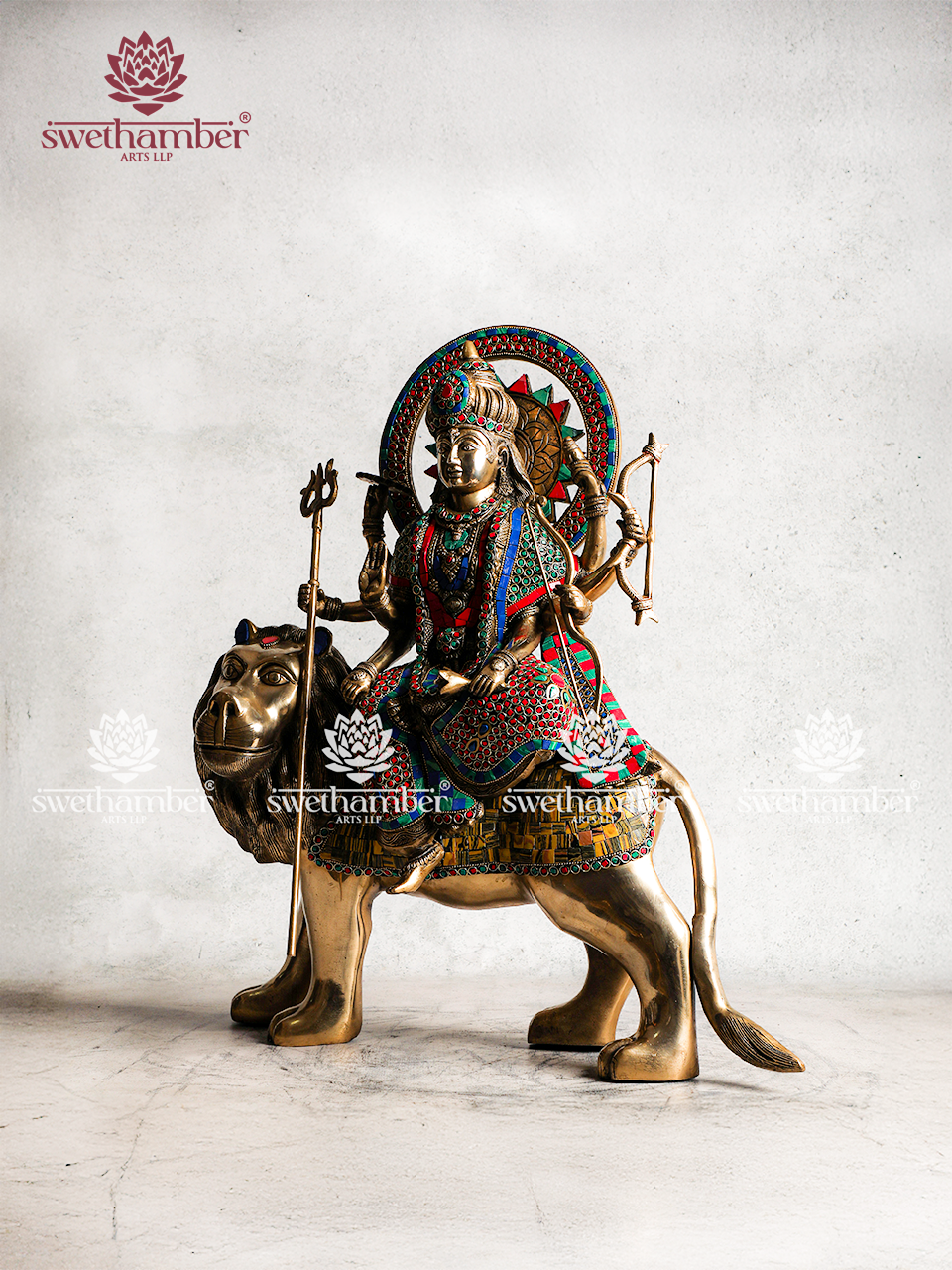 Brass Durga on Lion Idol for Home, Office & Temple Decor