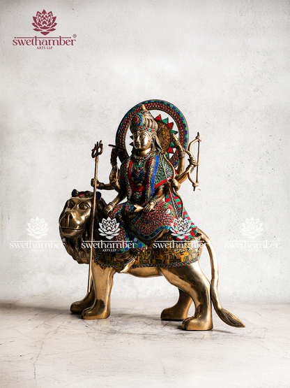 Brass Durga on Lion Idol for Home, Office & Temple Decor
